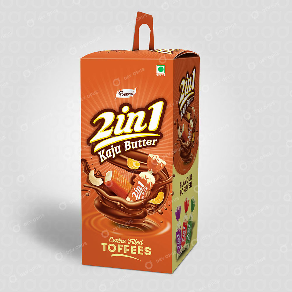 Kaju Butter Center Filled Toffees Box Packaging Design In Ahmedabad